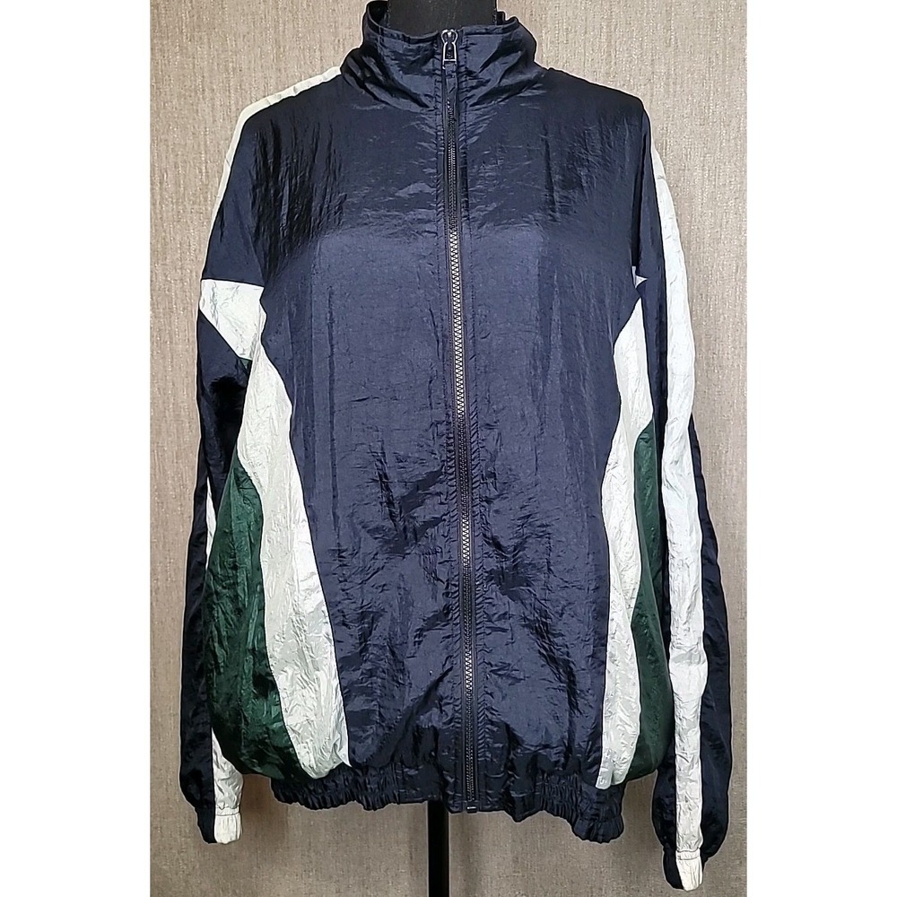 VTG 1990s Winner Brand Windbreaker Jacket‎ Zip Up Size Large Green & Blue Retro
